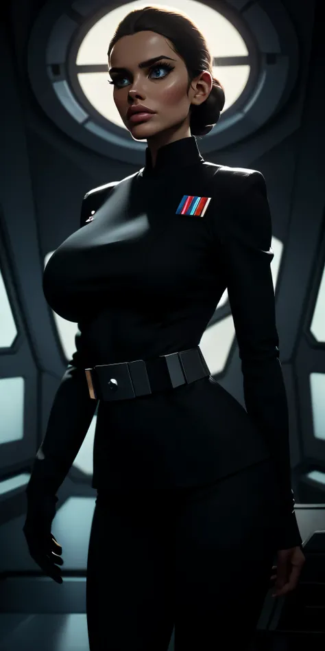 Incredibly detailed cinematic still of a skinny 22 year old with EXTREMELY SAGGY MASSIVE huge breasts, a narrow waist, a supermodel skinny body, with VERY narrow hips, super thin legs, MASSIVE Botox lips, vivid eyes, extremely detailed face, Star Wars Impe...
