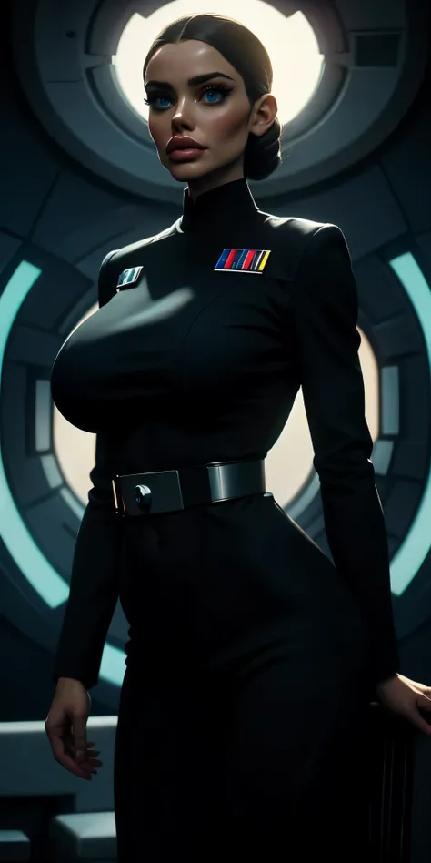 Incredibly detailed cinematic still of a 22 year old with EXTREMELY SAGGY MASSIVE huge breasts, a narrow waist, supermodel SKINNY body, NARROW hips, thin legs, MASSIVE Botox lips, vivid eyes, extremely detailed face, Star Wars Imperial Officer uniform, mat...