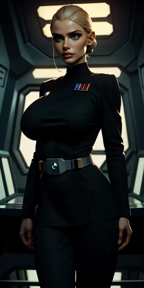 Incredibly detailed cinematic still of a 22 year old, ((EXTREMELY SAGGY MASSIVE huge breasts)), narrow waist, supermodel SKINNY body, NARROW hips, thin legs, MASSIVE Botox lips, vivid eyes, extremely detailed face, Star Wars Imperial Officer uniform, matte...