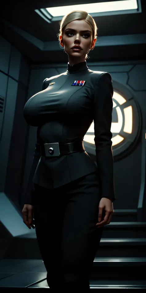 Incredibly detailed cinematic still of a 22 year old, ((EXTREMELY SAGGY MASSIVE huge breasts)), narrow waist, supermodel SKINNY body, NARROW hips, thin legs, MASSIVE Botox lips, vivid eyes, extremely detailed face, Star Wars Imperial Officer uniform, matte...