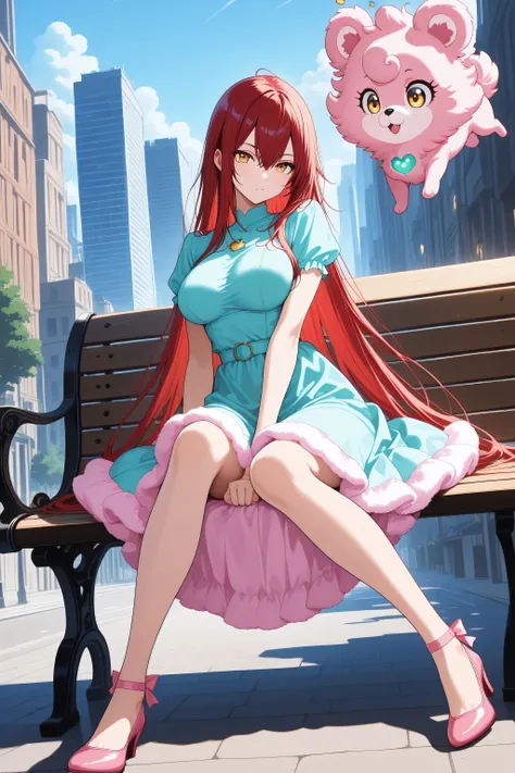 anime screenscap, 1 girl , golden eyes , very long hair , long sidelocks, red hair , petite , very cute , beautiful ,Straight hair, cool, handsome, hair between eyes, mediumlarge breast, kawaii
sweet fluffy dress, solo, close-up, full body,sitting on a be...