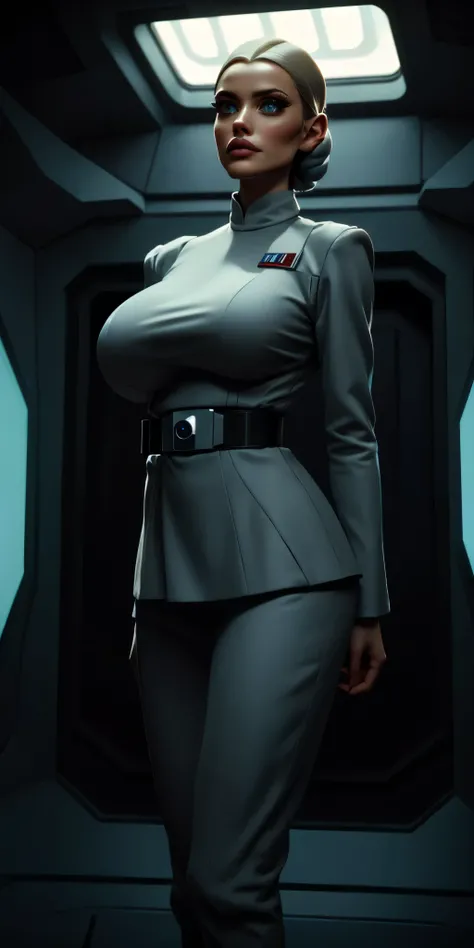 Incredibly detailed cinematic still of a 22 year old, ((EXTREMELY SAGGY MASSIVE GIGANTIC HUGE breasts)), narrow waist, supermodel SKINNY body, NARROW hips, thin legs, MASSIVE BOTOX lips, vivid eyes, extremely detailed face, Star Wars Imperial Officer unifo...