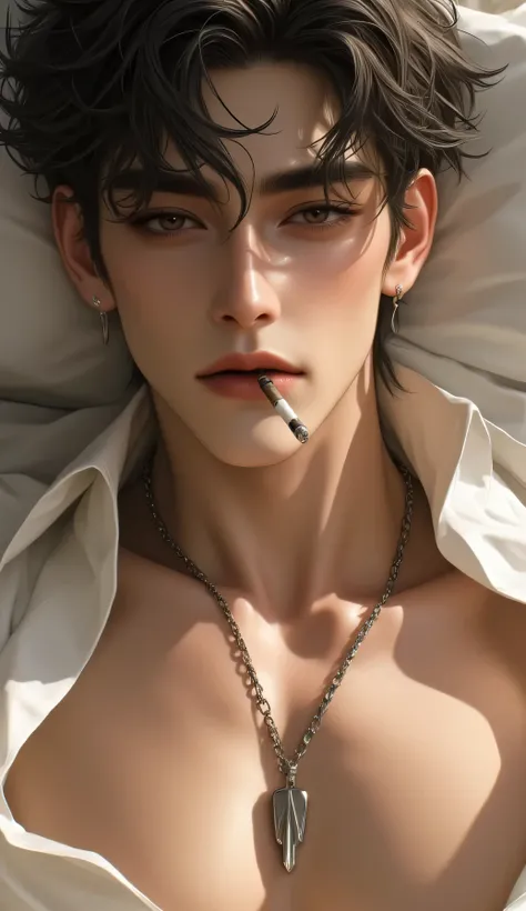 "A highly detailed and hyper-realistic illustration of an incredibly attractive young man with tousled dark hair, smoldering eyes, and flawless skin, lying back in a seductive pose. He is wearing an open white shirt with subtle rainbow light reflections, r...