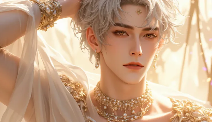 Ultra-detailed anime-style ethereal male character, porcelain smooth skin, perfect symmetrical facial features, expressive soft pink eyes, styled short platinum-blonde hair glowing in backlight. He is posed gracefully with one arm raised behind his head, d...