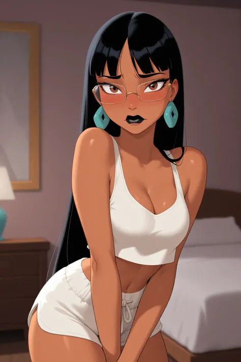 in bedroom, A masterpiece, high quality, very aesthetic, absurd, small waist, one girl, chill, black hair, long hair, sharp bangs, brown eyes, dark skin, black lips, embarrassed, cleavage, earrings, looking at the viewer, wearing glasses, wearing croptop a...