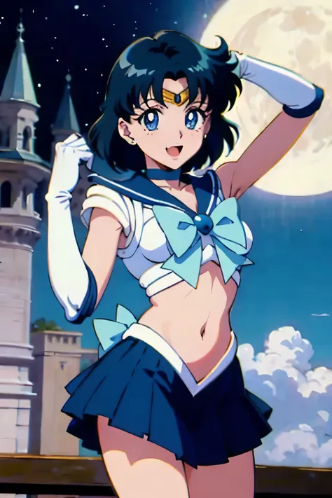 (masterpiece), 1girl, solo, perfect sexy female body,  anime screencap,1990s \(style\), (art by Naoko Takeuchi), rooftop, skyline, night, fog, starry sky, full moon, bishoujo senshi sailor moon, EPsmSailorMercury, short hair, blue hair, blue eyes, skirt, w...