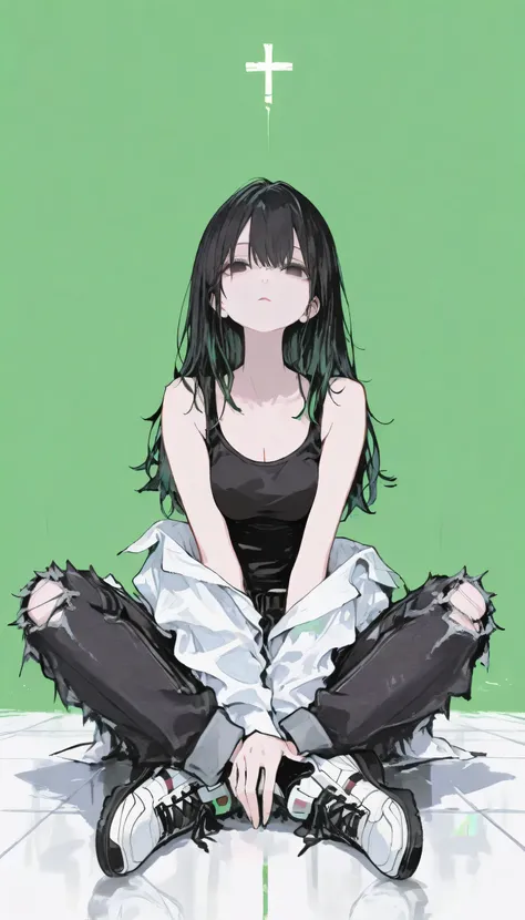 score_9, score_8_top, score_7_top, one young girl, 18 years old, full body, alone, sitting cross-legged on the floor, long hair, black hair with light pattern, smooth hair, black eyes, beautiful eyes, black tank top, open white shirt, long black ripped jea...