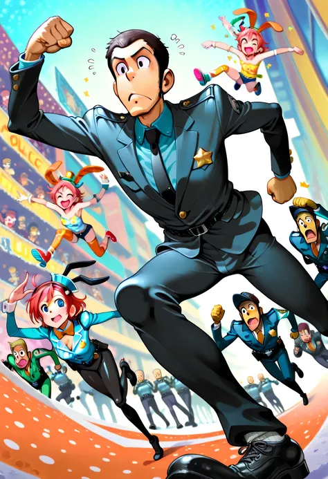 (((Lupin III)))、(((in a suit(((seems to be having fun)))Run(((Police officers chasing Lupin)))The people who are chasing))、(((Dynamic picture)))