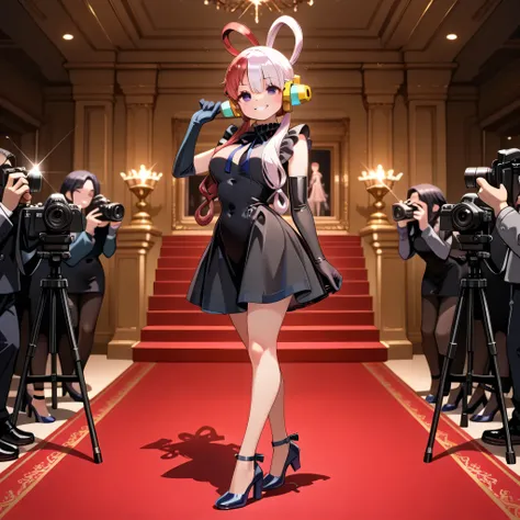 Masterpiece, better quality, Uta's Smile, posing for a photo,
black elbow length gloves, black dress pencil, navy blue heels   , 
in front,
red carpet, paparazzi, camera, camera flash,