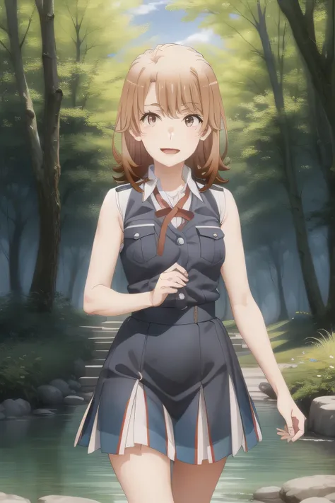 can you draw a woman bathing in the forest，A 20 year old woman with a nice smile，face is absolutely necessary，Walking alone，wearing miniskirt police uniform，can you see through her nipples when wet，     High school summer uniform，,Her chest is hidden in a ...