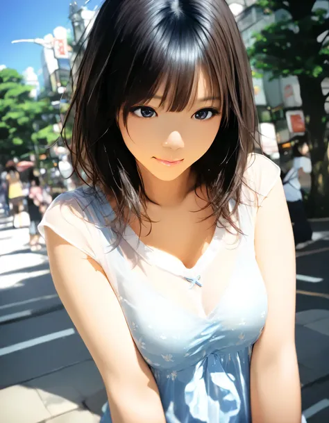 1girl, year 2016, upper body, early summer, Shibuya, blue sky, casual clothes, see through, masterpiece, high score, great score, absurdres, 16k, Ultra detailed, (photorealistic : 0.5)