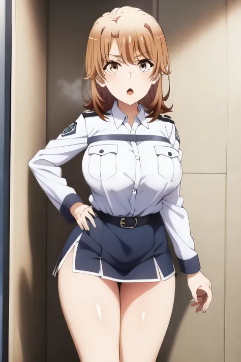   Beautiful Smile of Woman  ，brown hair short hair of a woman，，20 years old of a nice smile of an adult of woman，in miniskirt police uniform，Can you see through her nipples、can you see through her nipples，，Big breasts、 of  ，I need a face，After a white blou...