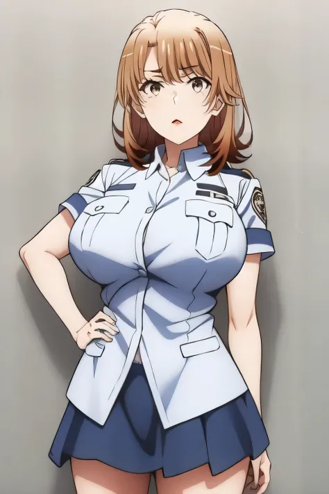   Beautiful Smile of Woman  ，brown hair short hair of a woman，，20 years old of a nice smile of an adult of woman，in miniskirt police uniform，Can you see through her nipples、can you see through her nipples，，Big breasts、 of  ，I need a face，After a white blou...