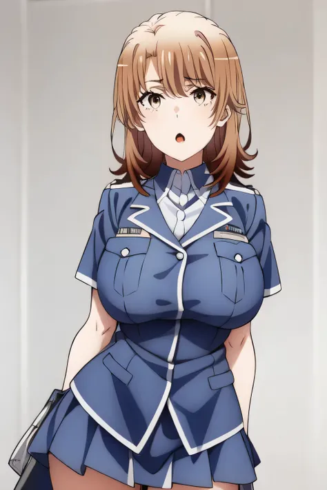   Beautiful Smile of Woman  ，brown hair short hair of a woman，，20 years old of a nice smile of an adult of woman，in miniskirt police uniform，Can you see through her nipples、can you see through her nipples，，Big breasts、 of  ，I need a face，After a white blou...