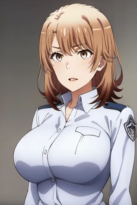   Beautiful Smile of Woman  ，brown hair short hair of a woman，，20 years old of a nice smile of an adult of woman，a cop wearing a miniskirt，Can you see through her nipples、can you see through her nipples，，Big breasts、 of  ，I need a face，After a white blouse...