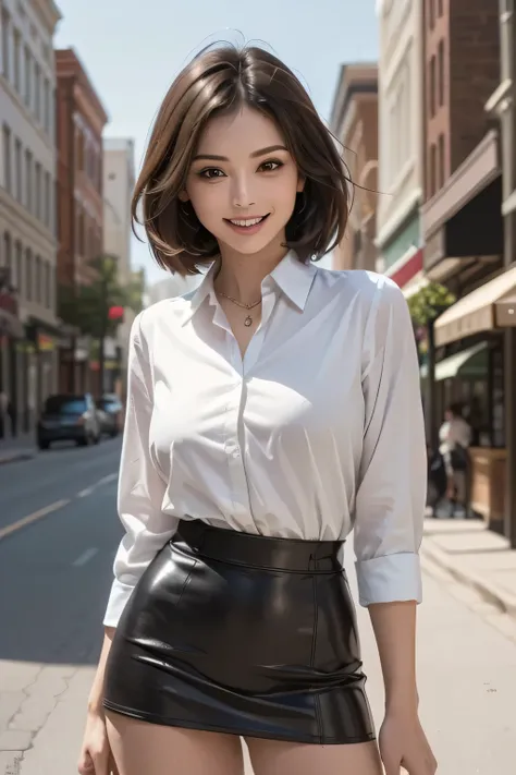 (masterpiece, Top Quality, high resolution, surreal, perfect pixels, realistic, 4K), 1girl, solo, beautiful face, mature, dark brown eyes, eyelashes, realistic eyes, grin, perfect teeth, perfect body, necklace, big breasts, ((white collared shirt, black t...