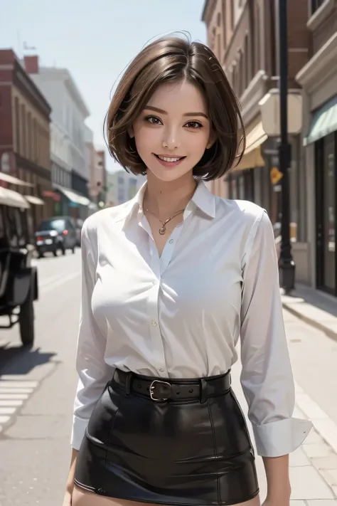 (masterpiece,  Top Quality, high resolution, surreal, perfect pixels, realistic, 4K), 1girl, solo, beautiful face, mature, dark brown eyes, eyelashes, realistic eyes, grin, perfect teeth, perfect body, necklace, big breasts, ((white collared shirt, black t...