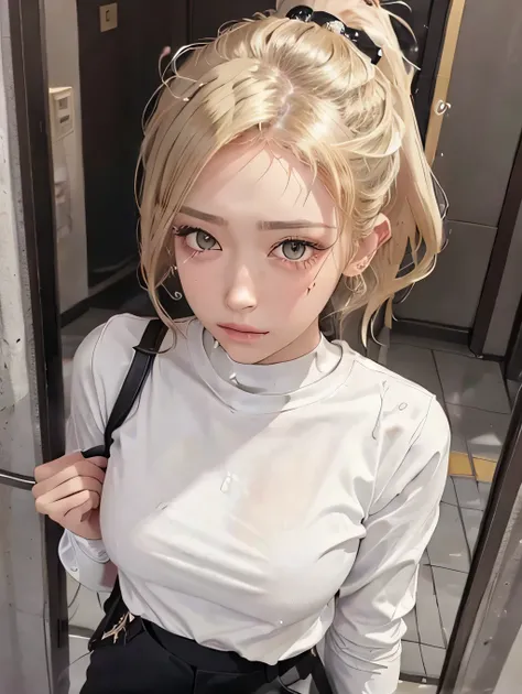 {{masterpiece:1.2}}, {{1woman}}, ((pov)), ((portrait)), ((looking up)), ((looking at viewer)), ((standing)), ((Entrance to the condominium)), 21 years old, ((gal)), ((blonde hair, short hair)), ((ponytail_weave_hairstyle)), ((white long sleeve t-shirt, bla...