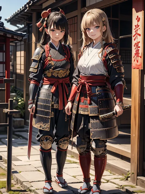 masterpiece, (west shots in an Edo period town in Japan: 1.3),  Anime Beautiful Girls, (9), (perfect anatomy: 1.4), (6.), Smile, Watch Military Commander , (Hair Ornament), (Japanese Armor: 1.3), （dark haired）, white, (princess Watch Military Commander : 1...
