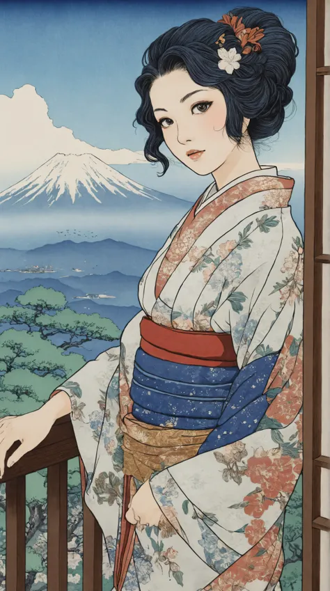  highdefinition images、Katsushika Hokusai manga(pretty eyes、Look at every detail、multi-colored hair below the arm)、 kimono that looks like a yukata 、Woman looking out of a window、葛飾北斎スタイルで火のように見える highdefinition images、Kimono beauty、顔のdetails、highest quali...