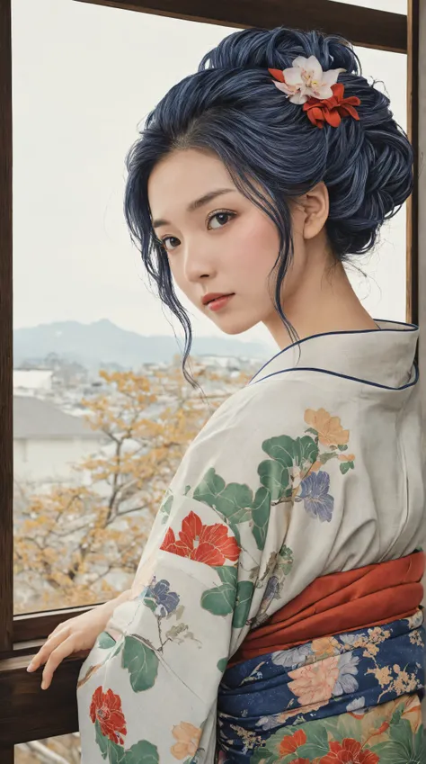  highdefinition images、Katsushika Hokusai manga(pretty eyes、Look at every detail、multi-colored hair below the arm)、 kimono that looks like a yukata 、Woman looking out of a window、葛飾北斎スタイルで火のように見える highdefinition images、Kimono beauty、顔のdetails、highest quali...