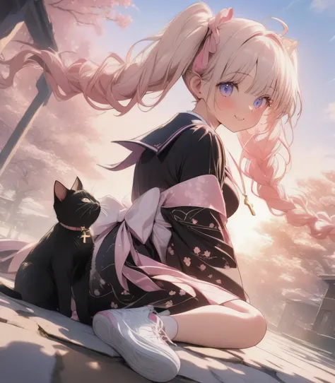 (((Beautiful girlアートワーク))), Highest Quality:1.2, 4K, 8K, Studio animation, very detailed, Newest, vivid, Attention to Details, high contrast, masterpiece:1.2, BEST AESTHETICS, (((1 girl playing with a cat))), Full Body Map, Cherry Blossom and Purple Multi ...