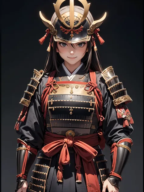 masterpiece, (west shots in an Edo period town in Japan: 1.3),  Anime Beautiful Girls, (9), (perfect anatomy: 1.4), (6.), Smile, Watch Military Commander , (Hair Ornament), (Japanese Armor: 1.3), （dark haired）, white, (princess Watch Military Commander : 1...