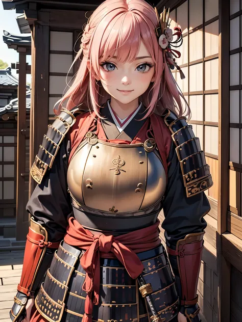 masterpiece, (west shots in an Edo period town in Japan: 1.3),  Anime Beautiful Girls, (9), (perfect anatomy: 1.4), (6.), Smile, Watch Military Commander , (Hair Ornament), (Japanese Armor: 1.3), (Pastel Pink), white, (princess Watch Military Commander : 1...