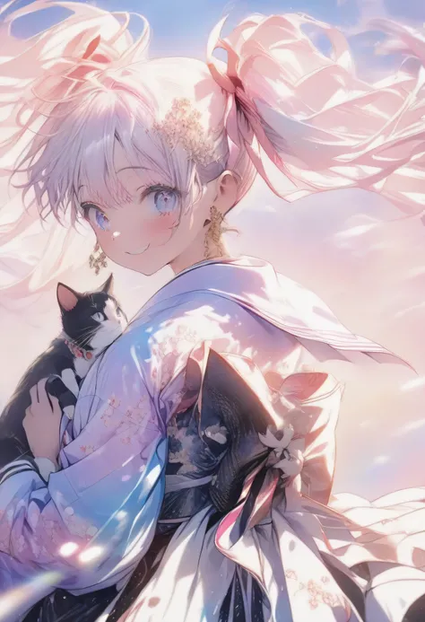 (((Beautiful girlアートワーク))), Highest Quality:1.2, 4K, 8K, Studio animation, very detailed, Newest, vivid, Attention to Details, high contrast, masterpiece:1.2, BEST AESTHETICS, (((1 girl playing with a cat))), Full Body Map, Pastel multicolor, twin tails, b...