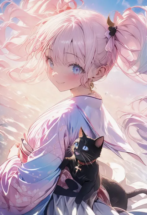 (((Beautiful girlアートワーク))), Highest Quality:1.2, 4K, 8K, Studio animation, very detailed, Newest, vivid, Attention to Details, high contrast, masterpiece:1.2, BEST AESTHETICS, (((1 girl playing with a cat))), Full Body Map, Pastel multicolor, twin tails, b...