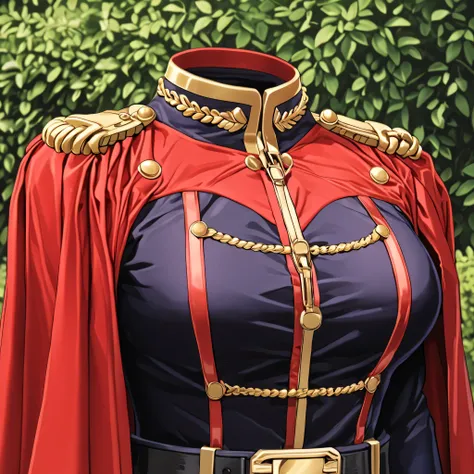 yamashiroren, military uniform, epaulettes, white gloves, red cape, belt, black pantyhose, in garden, (invisible:1.5, no humans:1.5, headless:1.5, faceless:1.5), cute big breasts, detailed cloth texture, extremely details, close-up to breasts