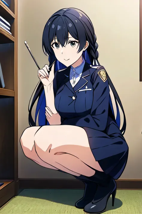 face of expression even more delicately，Please draw a woman with a nice smile，，wearing a miniskirt of police uniform，pink of panties,Can you see through her nipples、can you see through her nipples，Please draw it more delicately for beautiful legs，high heel...