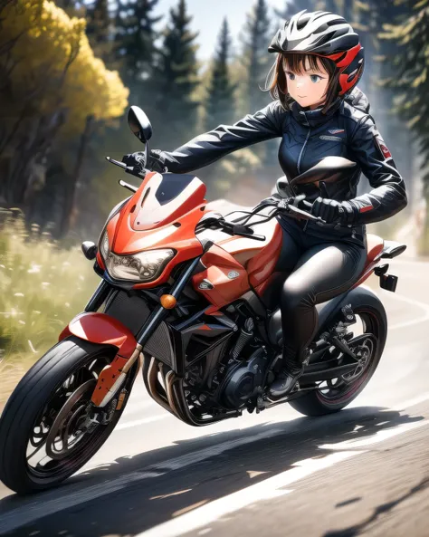 ((( Masterpiece:1.3, Best Quality, hight resolution, nffsw, Perfect Pixel,  4K, nffsw, nffsw))), 1girl in, Off-road motorcycle driving on spring country roads、18-year-old girl、jet helmet、((December scenery, white Christmas, softly falling snow, she drives ...