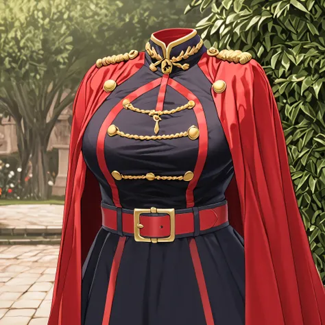 yamashiroren, military uniform, epaulettes, white gloves, red cape, belt, black pantyhose, in garden, cute pose, (invisible:1.5, no humans:1.5, headless:1.5, faceless:1.5), cute big huge breasts, detailed cloth texture, extremely details, close-up to breas...