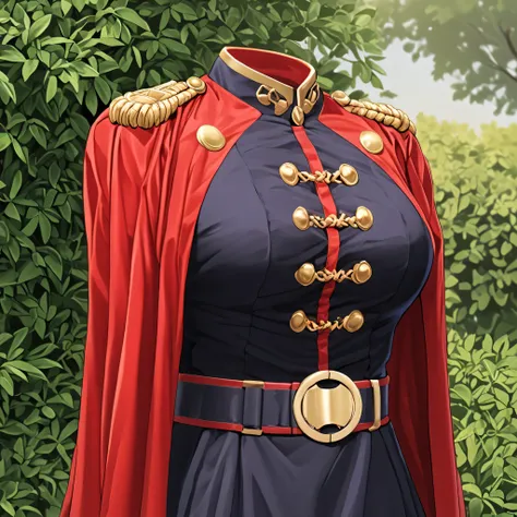 yamashiroren, military uniform, epaulettes, white gloves, red cape, belt, black pantyhose, in garden, cute pose, (invisible:1.5, no humans:1.5, headless:1.5, faceless:1.5), cute big huge breasts, detailed cloth texture, extremely details, close-up to breas...