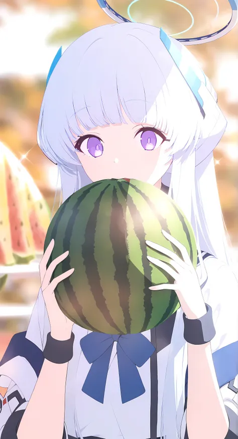 1girl,noa\(blue archive\),white hair,bangs ,blurry background ,blurry foreground,bokeh,depth of field,eyebrows visible through ,facing viewerhair,motion blur,solo,alternate_costume,watermelon,holding food, holding,
