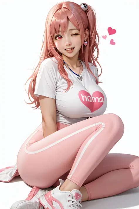 Japanese beautiful girl,   huge breasts, cowboy shots, half body，乳沟，低胸, ,earrings, necklace, tongue out,
 , many little hearts, ，white color background,  winked with one eye, and made a playful expression. one eye open, one eye close, pink hair, honoka , 
...