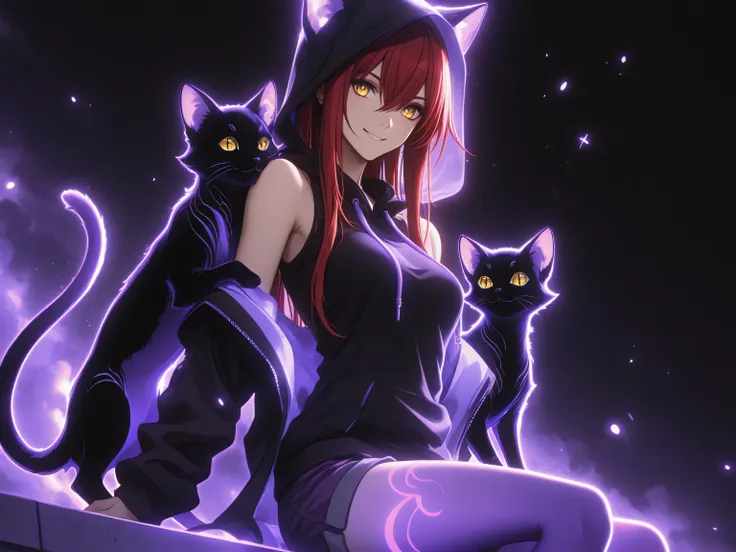 1 girl , golden eyes , very long hair , long sidelocks, red hair , petite , very cute , beautiful ,Straight hair, cool, handsome, hair between eyes, medium breast, cute eyes, bare shoulders, hoodie, shorts, cute, smiling, (( on her shoulder sitting a shad...