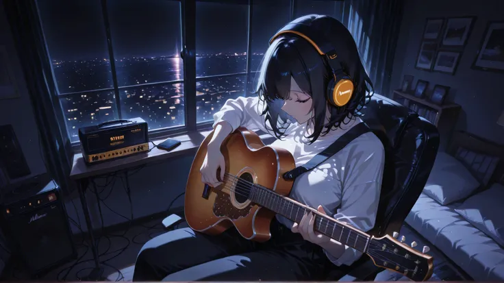 masterpiece,lady,black medium hair,white shirt,headphone,make music,playing guitar,sitting,room,night,cowboy shot,high angle,anime