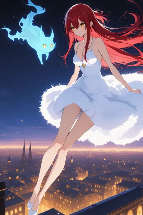 anime screenscap,1 girl , golden eyes , very long hair , long sidelocks, red hair ,half updo, petite , very cute , beautiful ,Straight hair, cool, handsome, hair between eyes, sexy, medium breasts , sweet fluffy dress, solo, close-up, full body, looking at...