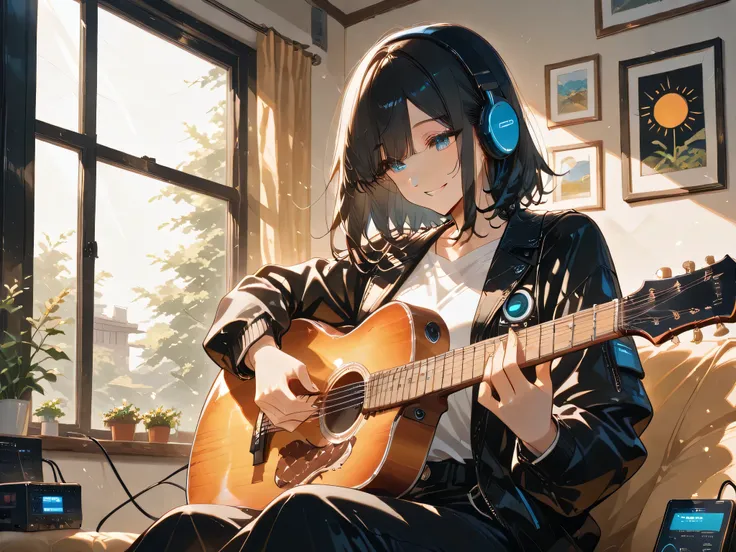 masterpiece, one girl, black medium hair, short cut, asian, blue eyes, wired headphone, playing guitar, sitting, smiling, enjoying listening to the music, wearing jean, white shirt, black jacket, spring, window, sun shine, making music