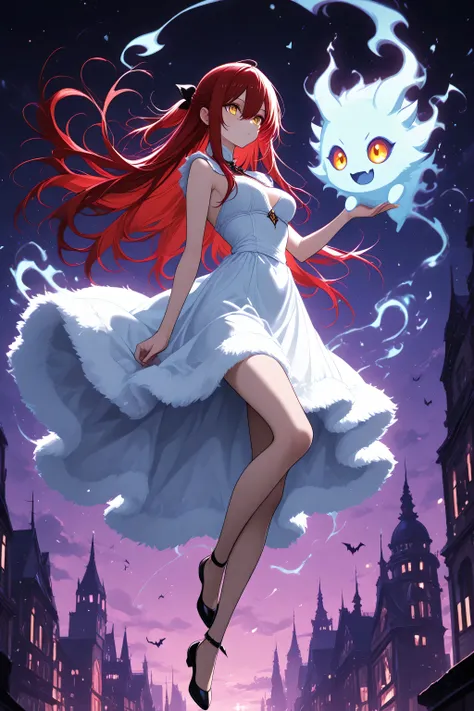 anime screenscap,1 girl , golden eyes , very long hair , long sidelocks, red hair ,half updo, petite , very cute , beautiful ,Straight hair, cool, handsome, hair between eyes, sexy, medium breasts , sweet fluffy dress, solo, close-up, full body, looking at...
