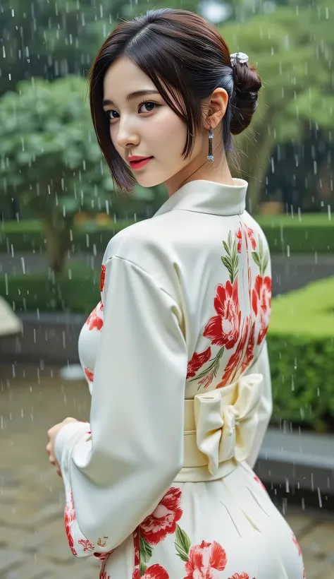 a beautiful woman, standing strapping in the garden of a japanese model's house during the rain, Japanese model house garden background, body looking camera, Using white floral print satin material kimono, payudara besar, bibir merah, kulit basah, kimono b...