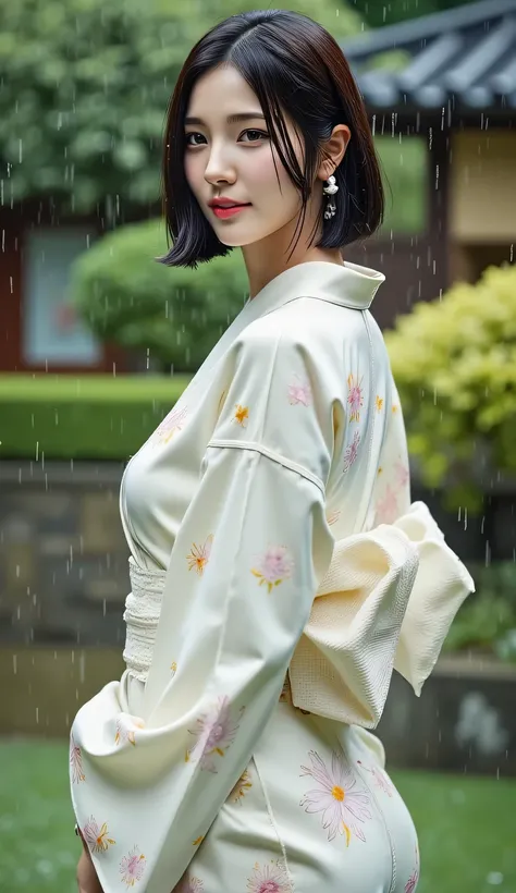 a beautiful woman, standing strapping in the garden of a japanese model's house during the rain, Japanese model house garden background, body looking camera, Using white floral print satin material kimono, payudara besar, bibir merah, kulit basah, kimono b...