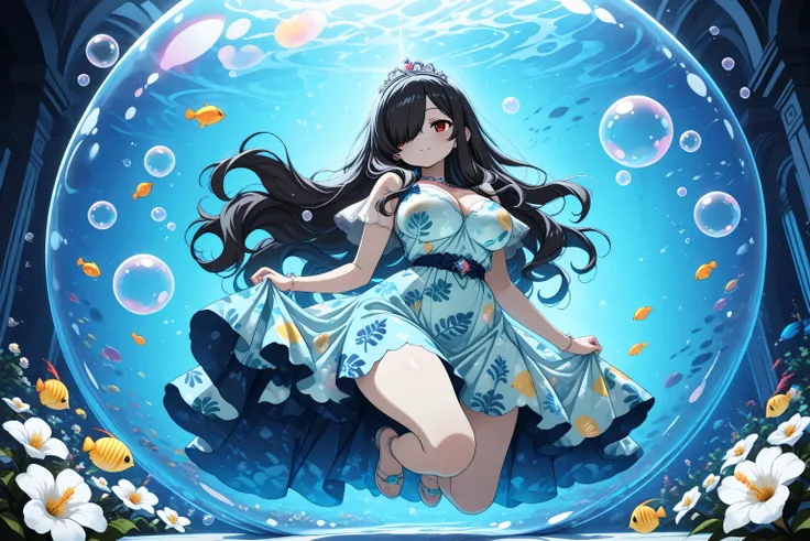 1girl, Kuroki Monika, black hair, very long hair, hair over right eye, red eyes, large breasts, (petite but curvy, very cute), (princess is in the flower garden, dress of colors like the sea), (tropical fish print on dress:1.4), dress shines blue, soft blu...