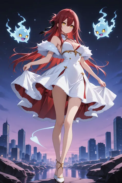 anime screenscap,1 girl , golden eyes , very long hair , long sidelocks, red hair ,half updo, petite , very cute , beautiful ,Straight hair, cool, handsome, hair between eyes, sexy, medium breasts , sweet fluffy dress, solo, close-up, full body, looking at...