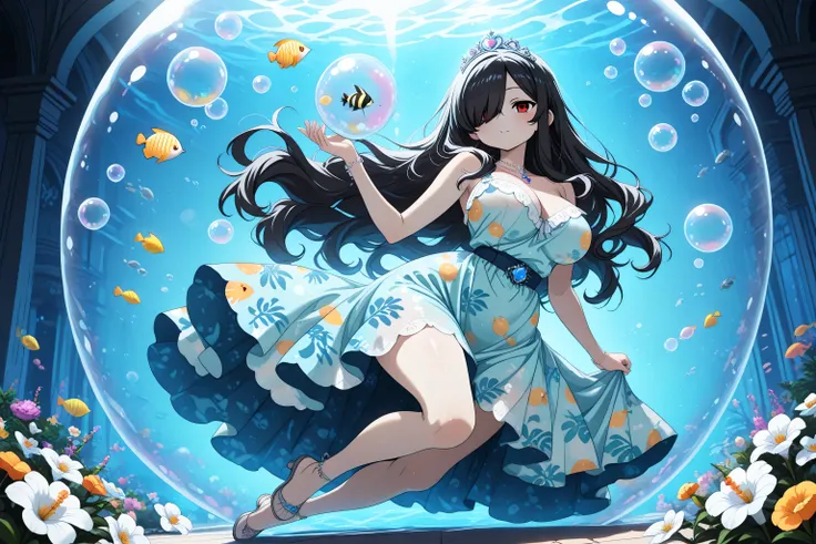 1girl, Kuroki Monika, black hair, very long hair, hair over right eye, red eyes, large breasts, (petite but curvy, very cute), (princess is in the flower garden, dress of colors like the sea), (tropical fish print on dress:1.4), dress shines blue, soft blu...