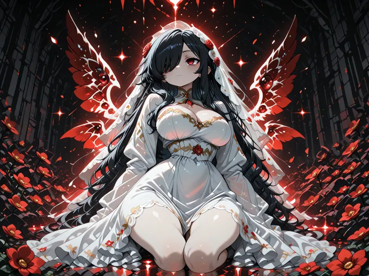1girl, Kuroki Monika, black hair, very long hair, hair over right eye, red eyes, large breasts, (petite but curvy, very cute),
 
break,
(Flower Bride),
(Wings),
light dress that delicately radiates a faint glow,
break,
diffuse reflection,maximalism, scatte...