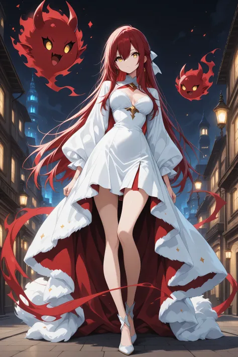 anime screenscap,1 girl , golden eyes , very long hair , long sidelocks, red hair ,half updo, petite , very cute , beautiful ,Straight hair, cool, handsome, hair between eyes, sexy, medium breasts , sweet fluffy dress, solo, close-up, full body, looking at...