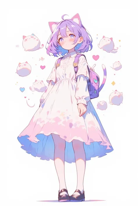 Anime girl with a bored expression, short pastel purple hair, wearing a white dress that turns into a soft, cloud-like shape at the bottom. She carries a purple backpack with a heart design, black shoes, and has well-drawn, natural fingers with no deformit...